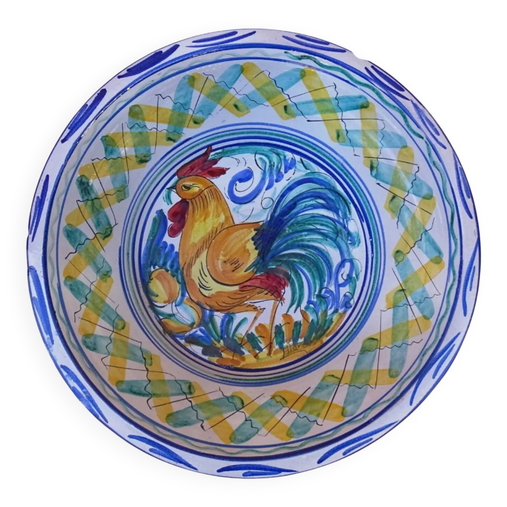 Grand lebrillo vintage en faïence espagnole Triana avec coq