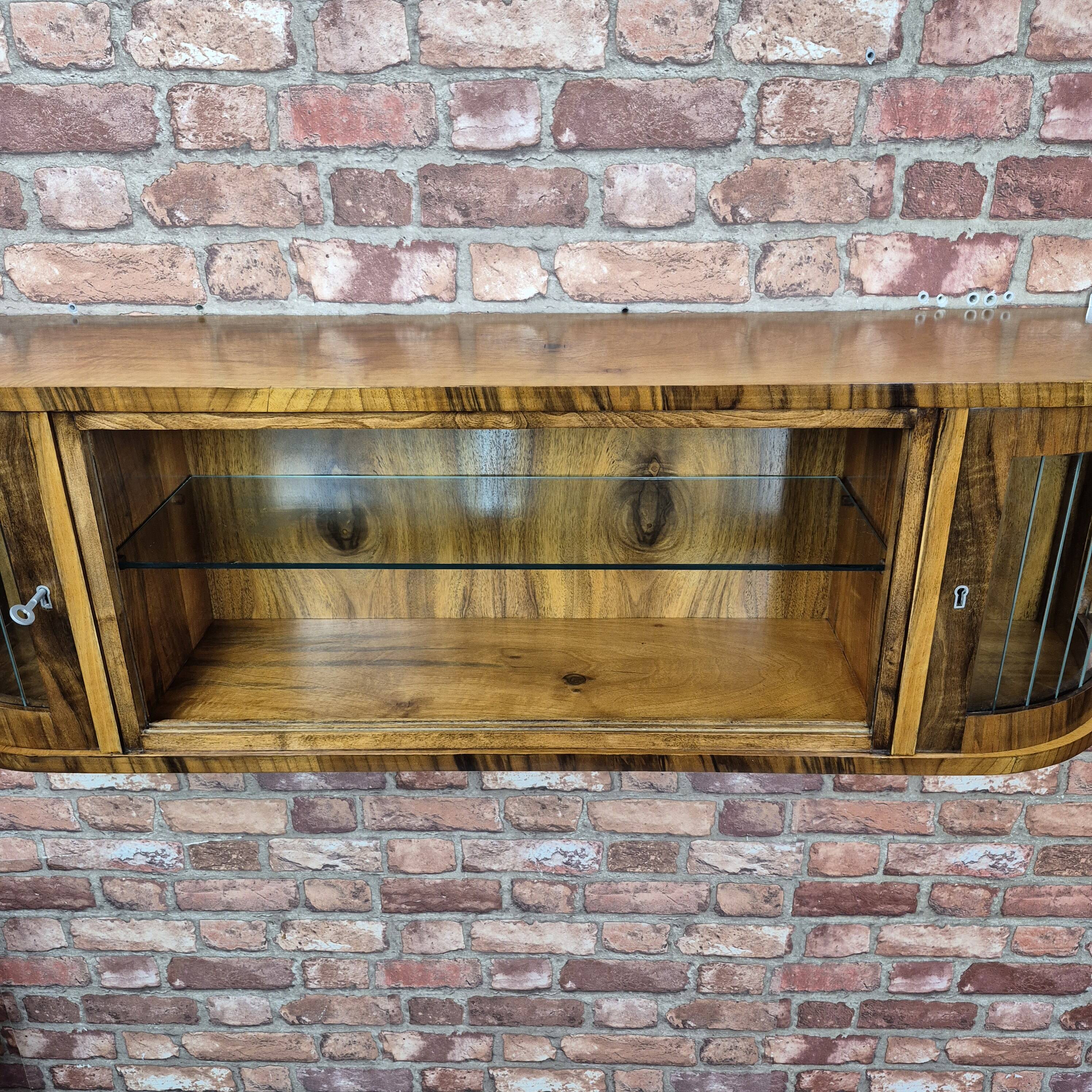 Rare 3-Zone Art Deco Walnut Wall Display Cabinet with Slatted Glass Doors