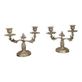 Old pair of brass rocaille candlesticks