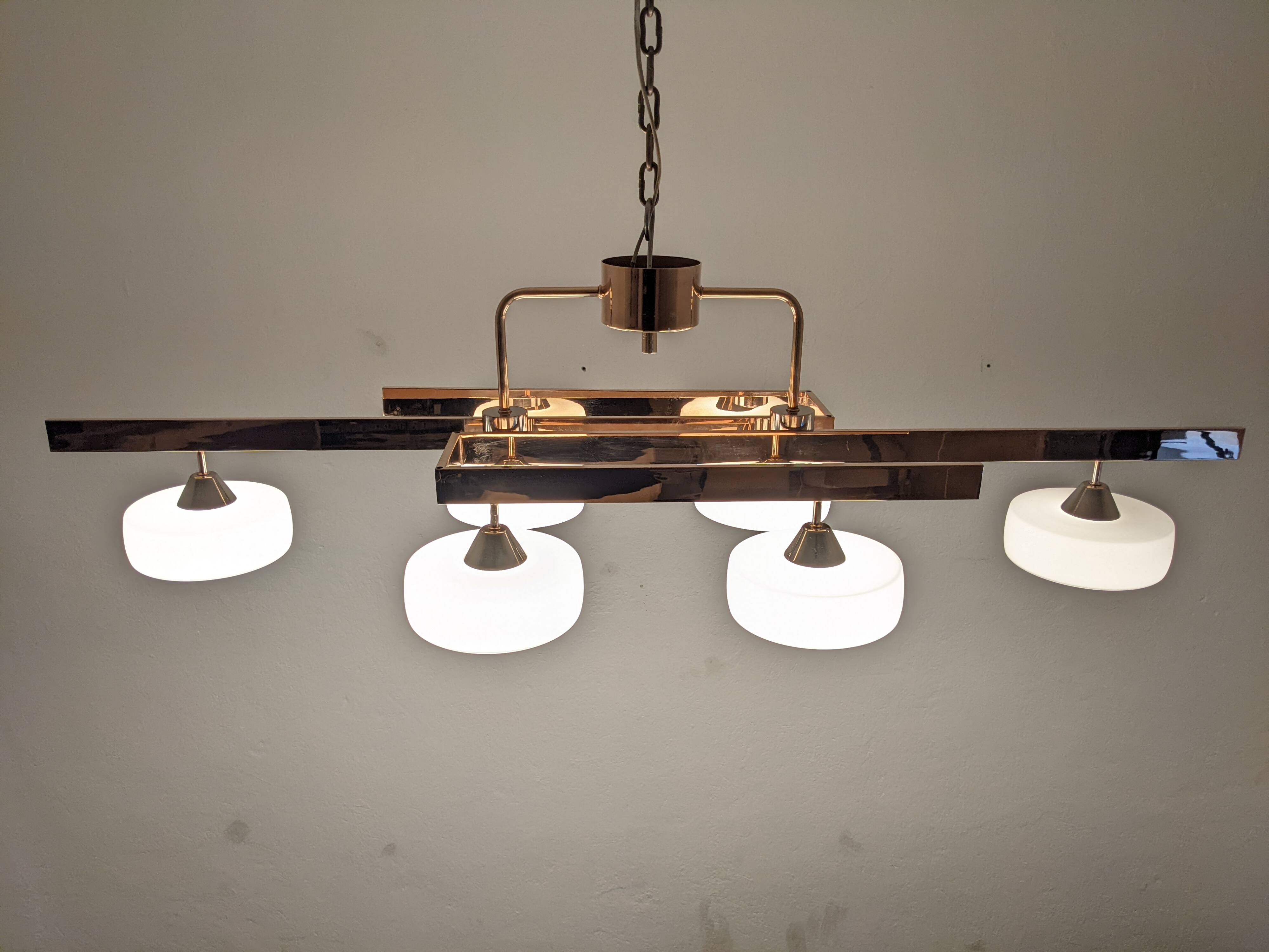 Arlus chandelier with 6 lights in opaline and brass from the 60s/70s