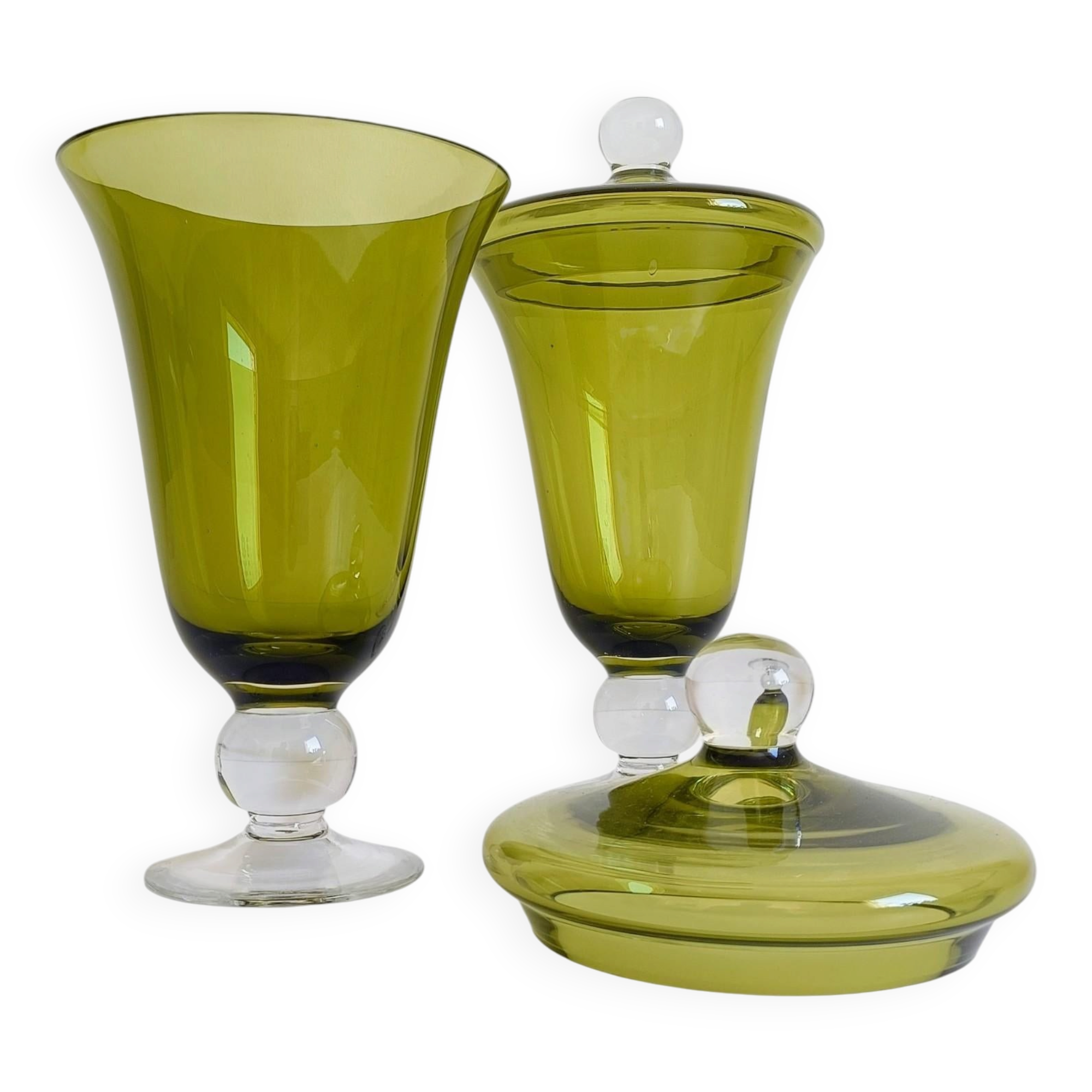 Murano Glass Green Lidded Urns, Venini Style, Italy, 1950s