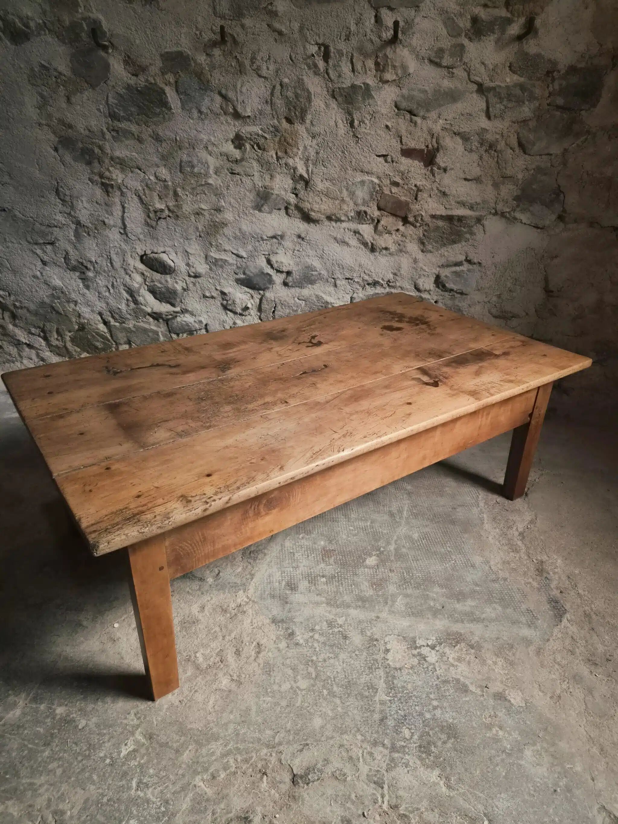 Antique cherry coffee table, rustic farmhouse table with drawer, circa 1750–1800.