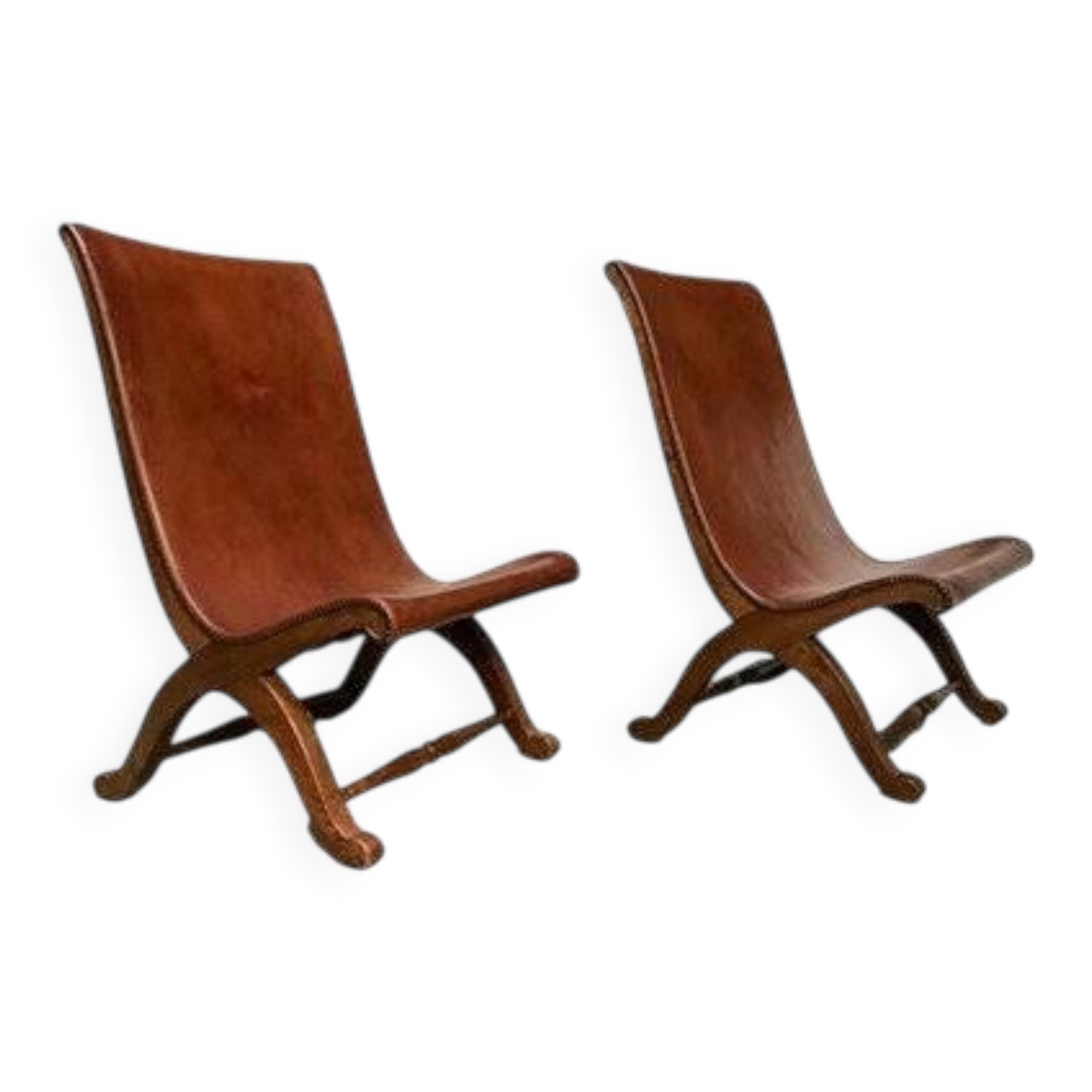 Set of 2 Spanish high-back leather slipper chairs by Pierre Lottier, 1950s