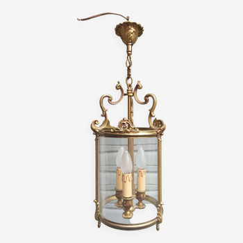 Old cylindrical 3-light bronze lantern, Louis XVI style, working condition
