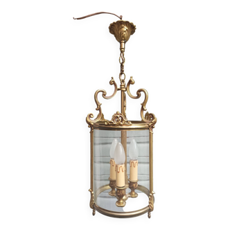 Old cylindrical 3-light bronze lantern, Louis XVI style, working condition