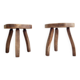 Pair of solid wood tripod stools - brutalist