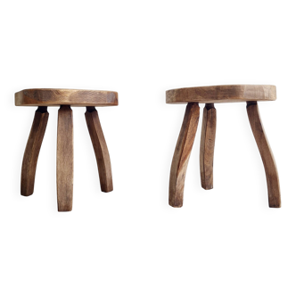 Pair of solid wood tripod stools - brutalist