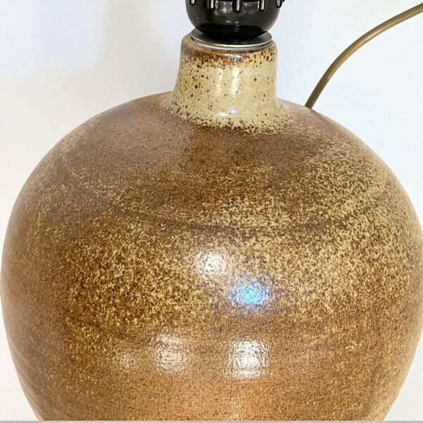 XXL Pied de Lampe vintage en grès marron et abat-jour en ruban beige 1970