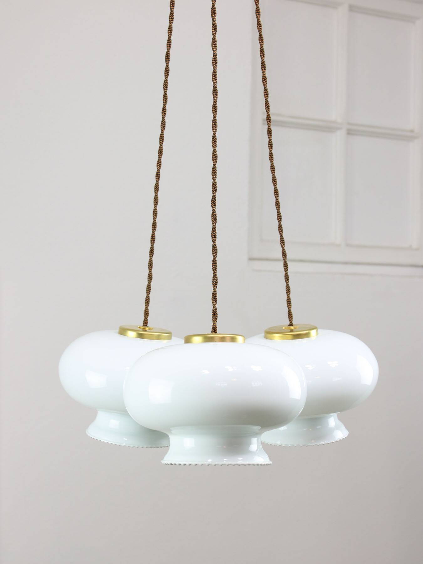 Mid-Century Italian Opaline Glass & Brass Pendant Lamp, set of 3