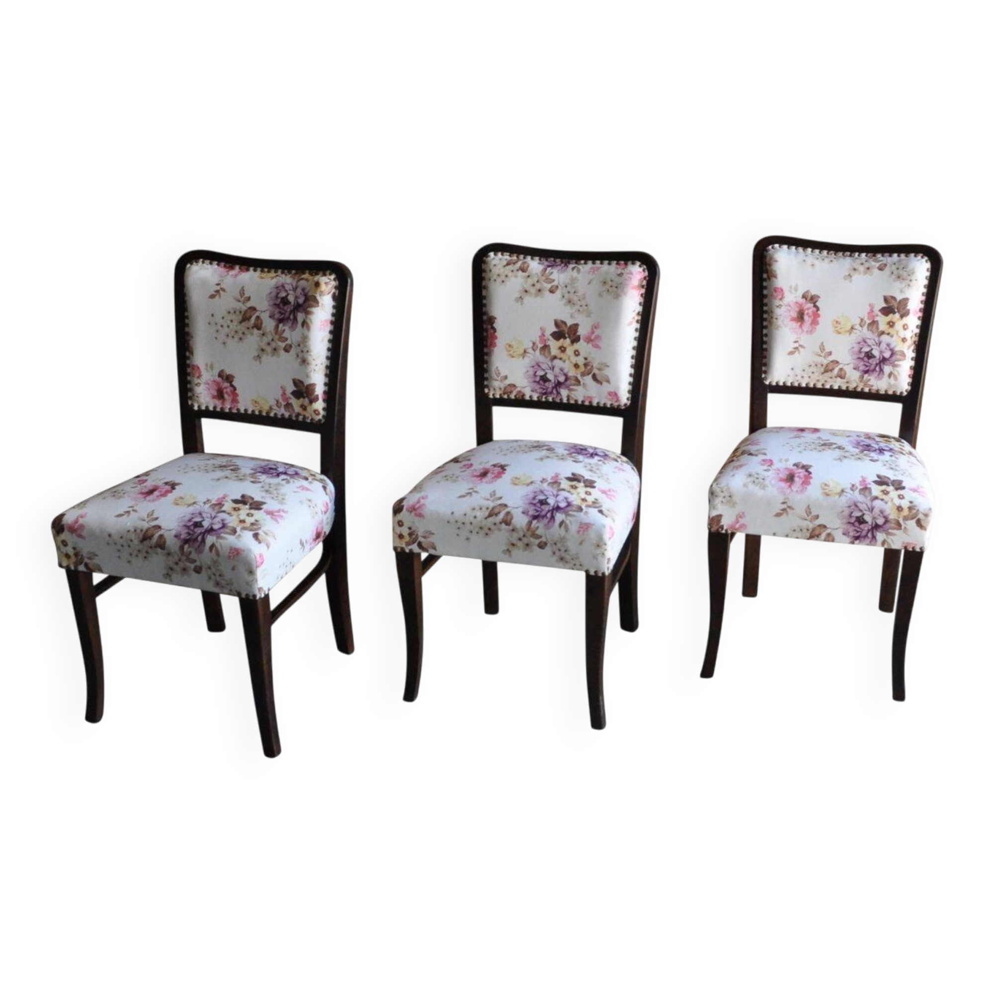Set of 3 Art Deco chairs in multicoloured velvet with a dark wood frame — 1930s