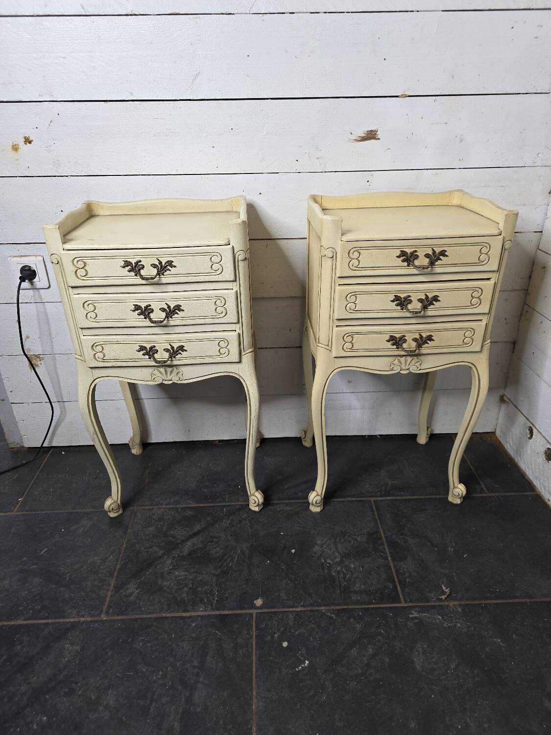 Pair of Louis XV style bedside tables with patina