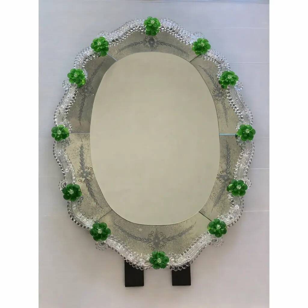 Venetian Murano Glass Oval Floral Wall Mirror – Hand-Carved Italian Art