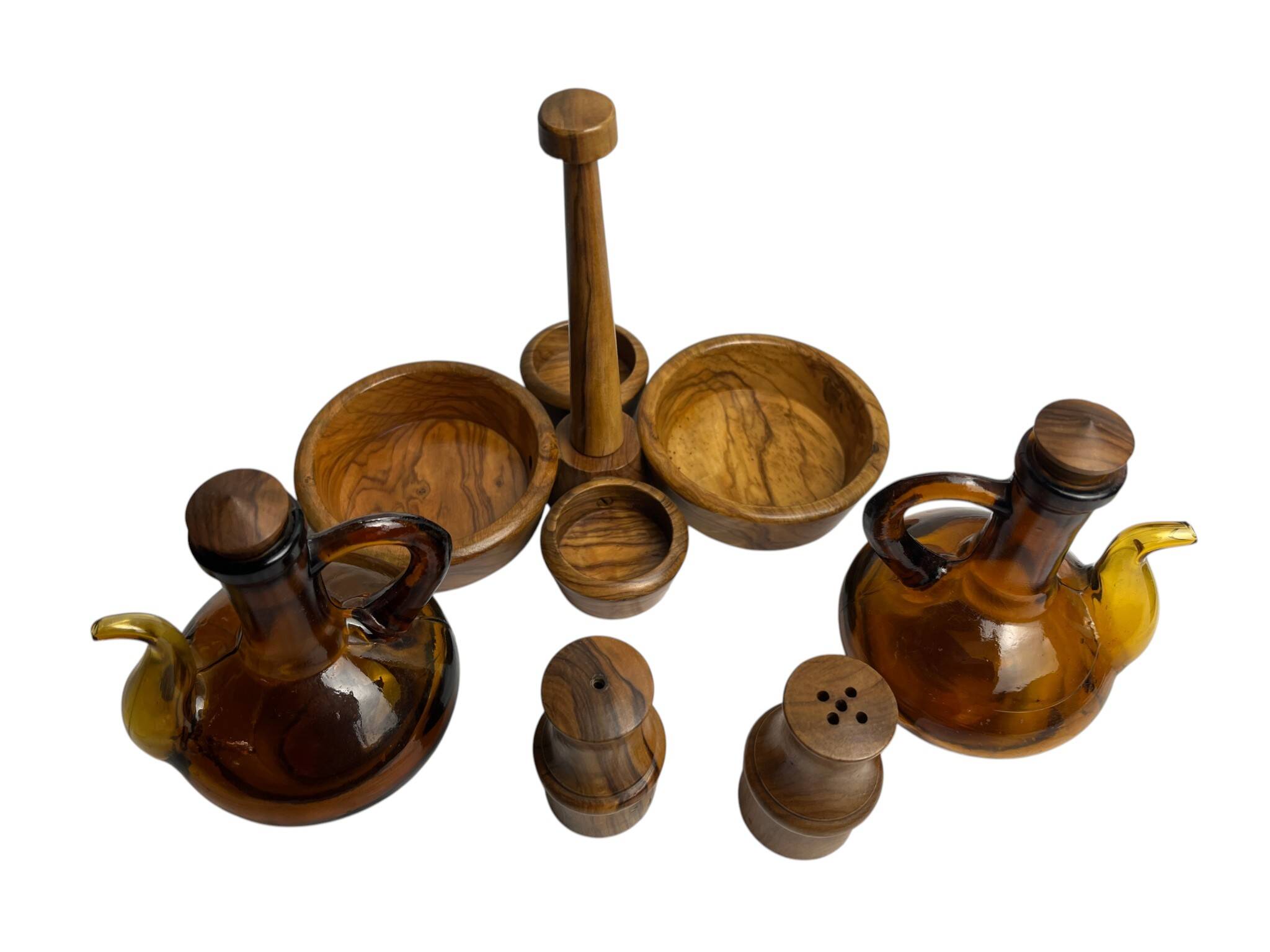 Vintage oil and vinegar server, Biot, olive wood, 20th century.