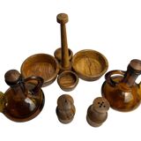 Vintage oil and vinegar server, Biot, olive wood, 20th century.