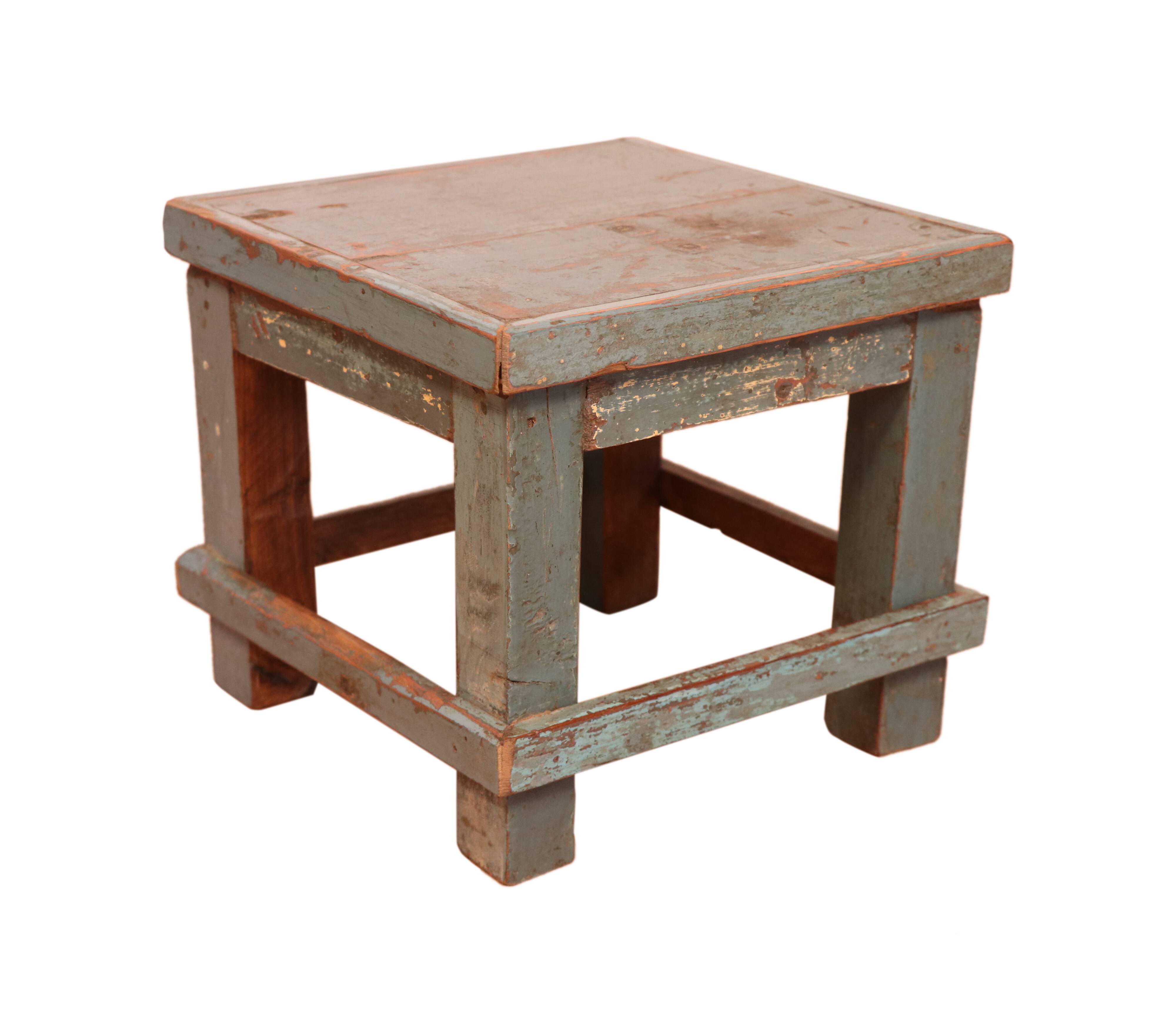 Old small workshop bedside table in Burmese teak original blue patina / ideal in fifth wheel p