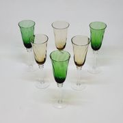 6 Champagne Flutes in Twisted Blown Glass 2 Colors Green and Amber