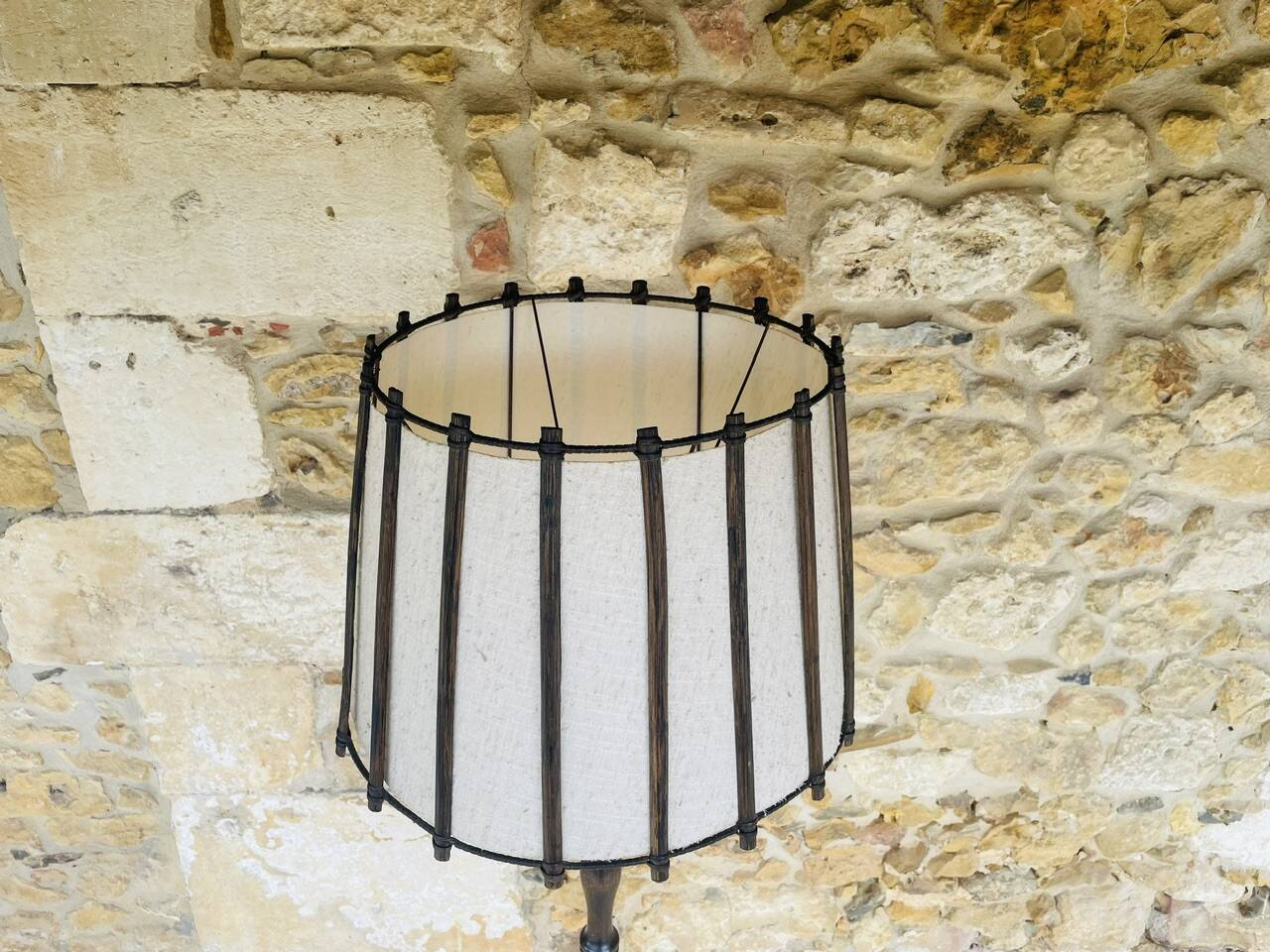 Vintage Floor Lamp Turned Wood, Bamboo Rattan Circa 1950s