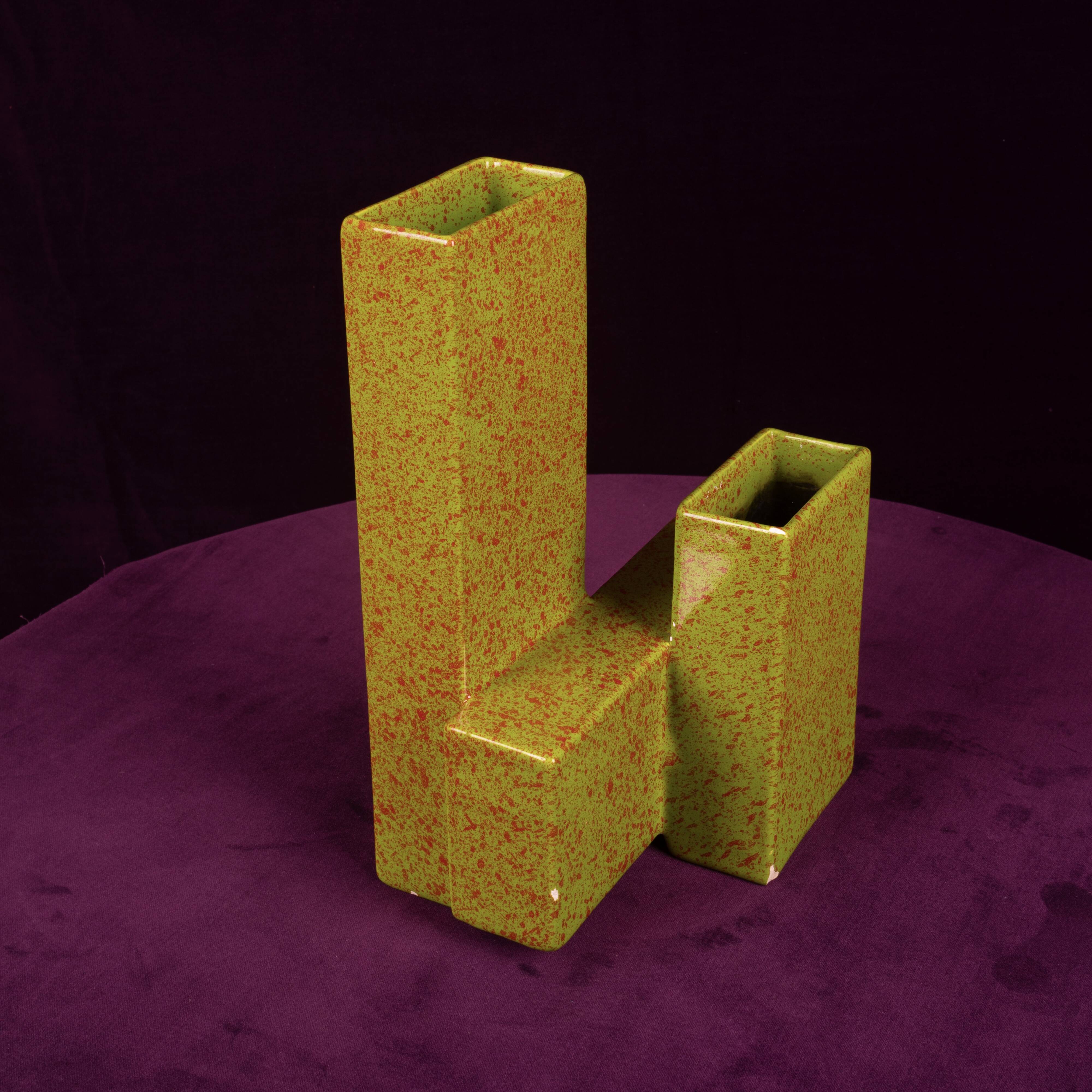 Geometric Twin-Column Ceramic Vase Space Age, Italy 1970