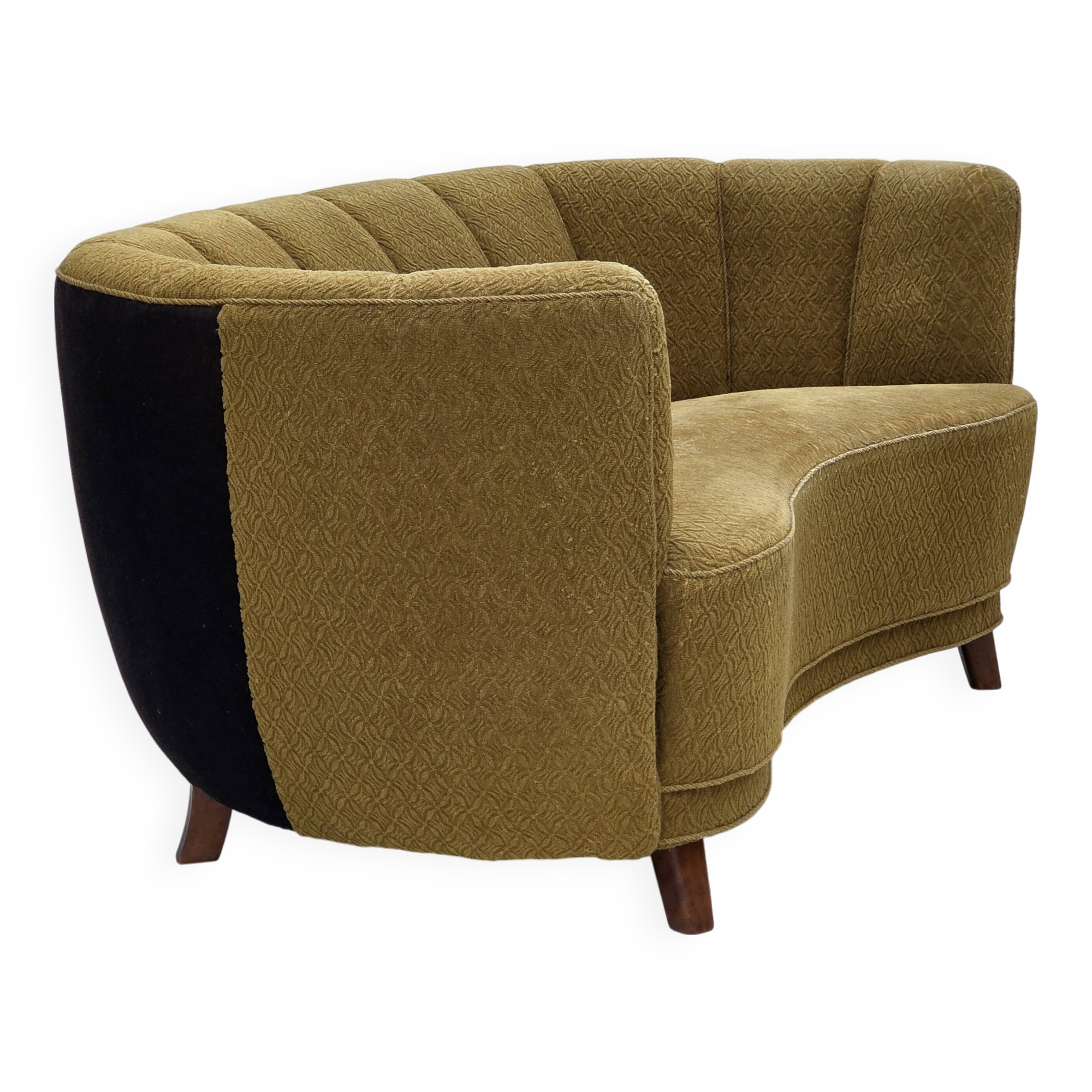 1960s, Danish 2-seater "Banan" sofa, green furniture wool, ash wood.