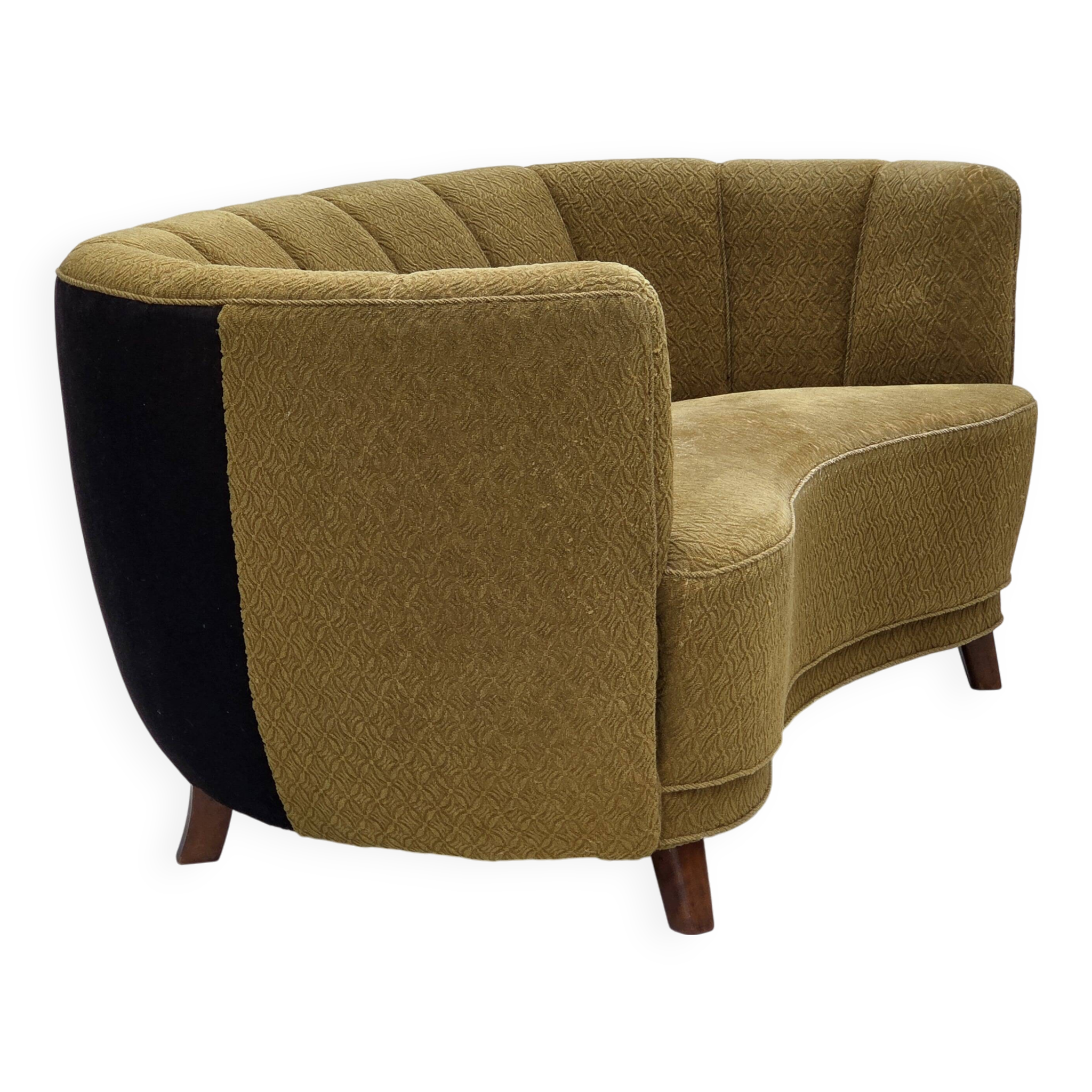 1960s, Danish 2-seater "Banan" sofa, green furniture wool, ash wood.