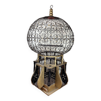 Vintage hot air balloon shaped bird cage in wood and iron circa 1950