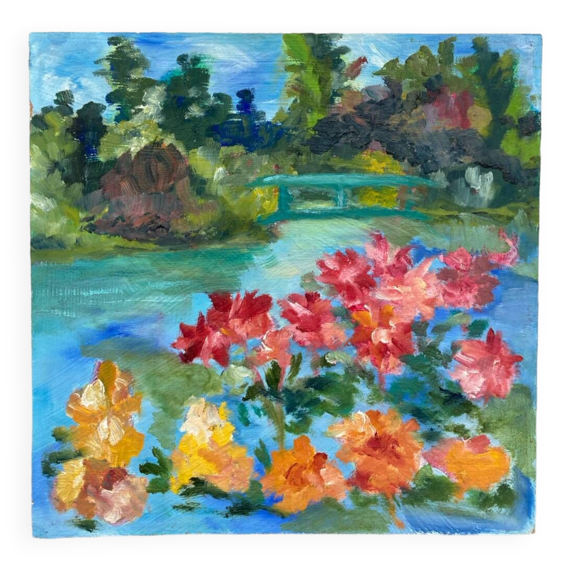 Old oil painting / landscape painting and flowers
