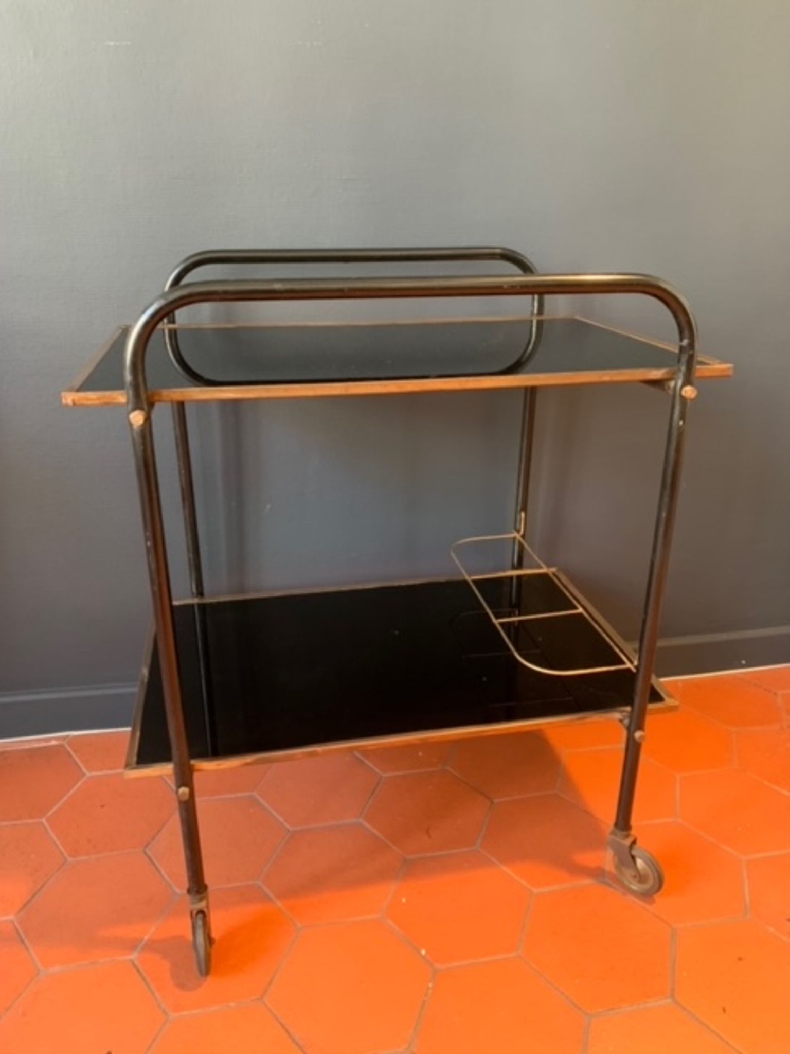 Bar service with wheels in black glass and gilded brass 50s