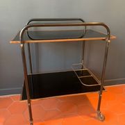 Bar service with wheels in black glass and gilded brass 50s