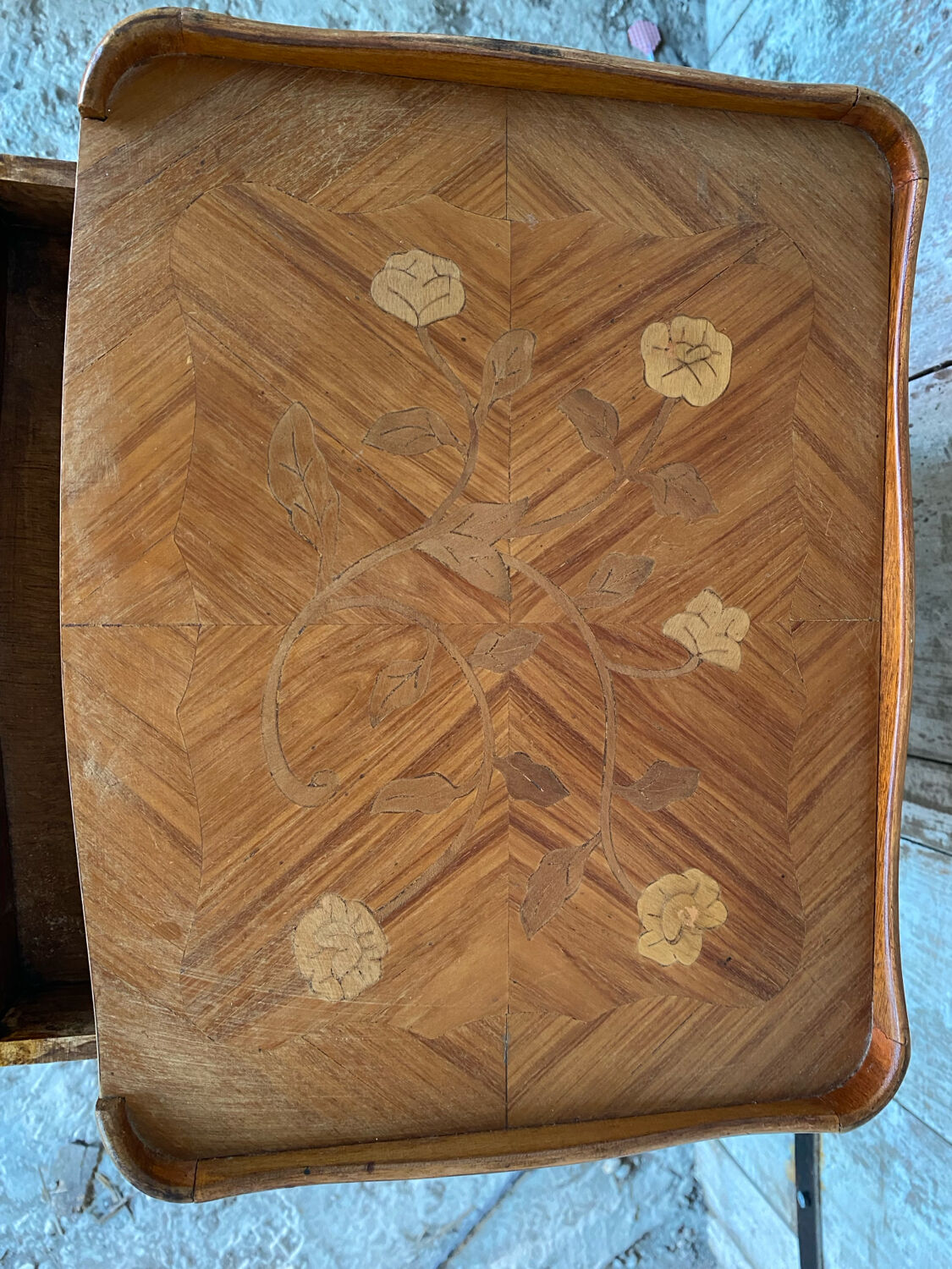 Antique Nightstand Louis XV Style Inlay Wood 3 Drawers Wine