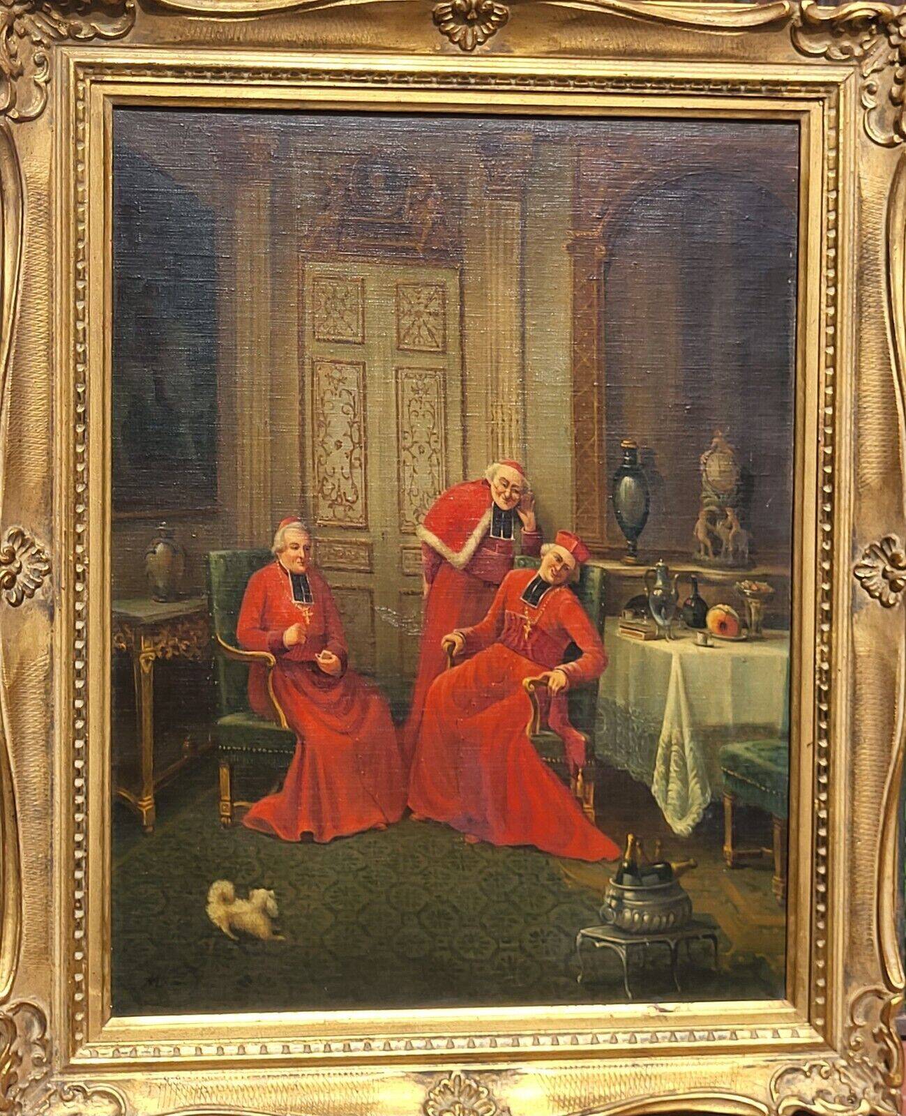 Signed Antique French Oil Painting – Cardinals in Luxurious Setting, 19th C