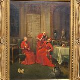 Tableau à l'huile ancien signé – Cardinaux dans un cadre luxueux, XIXe siècle
