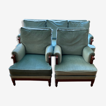 Canapé 3 places et 2 fauteuils de style, revêtements en velours bleu