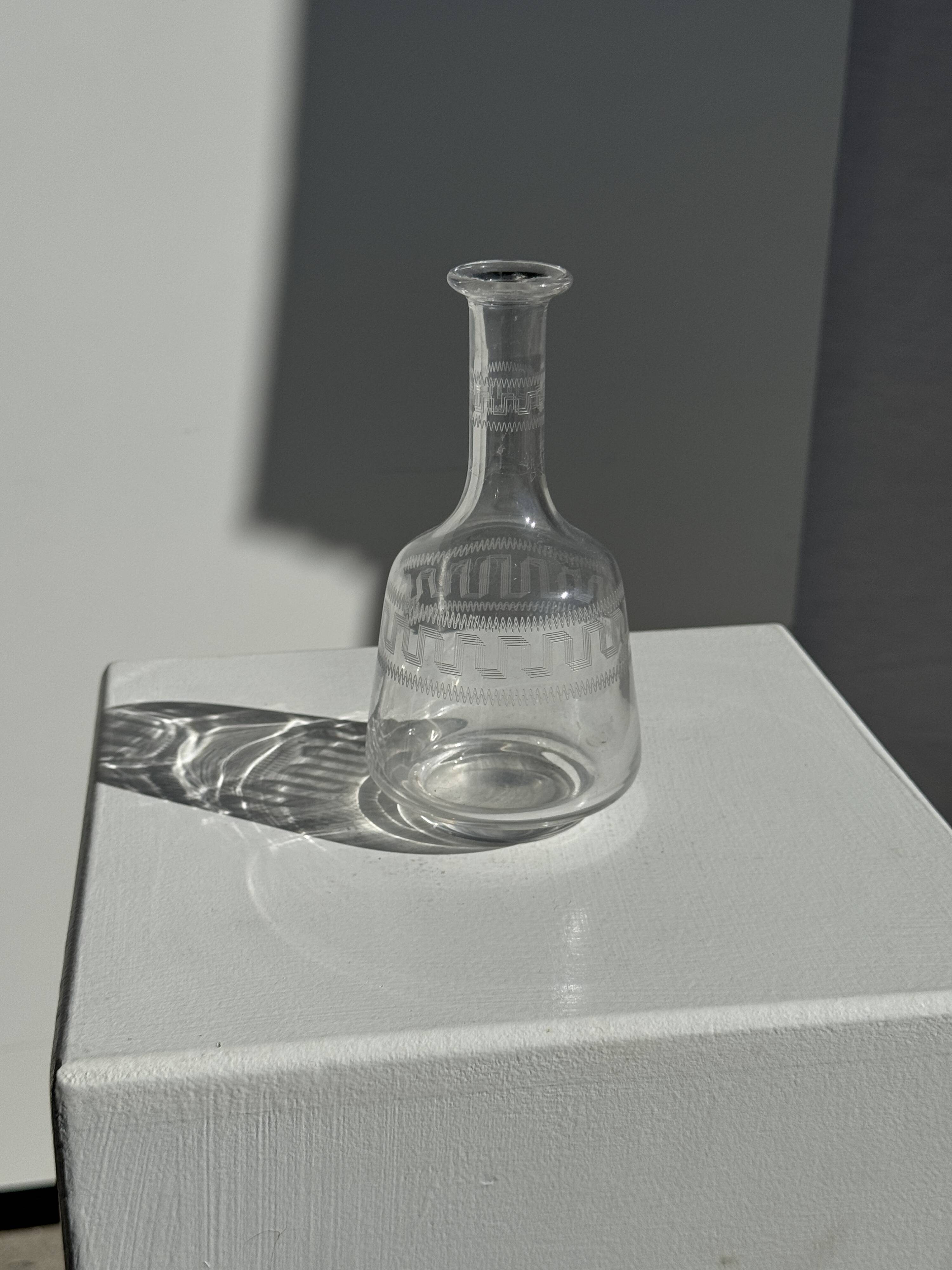 Small glass bottle vase with engraved geometric patterns vintage H16.5