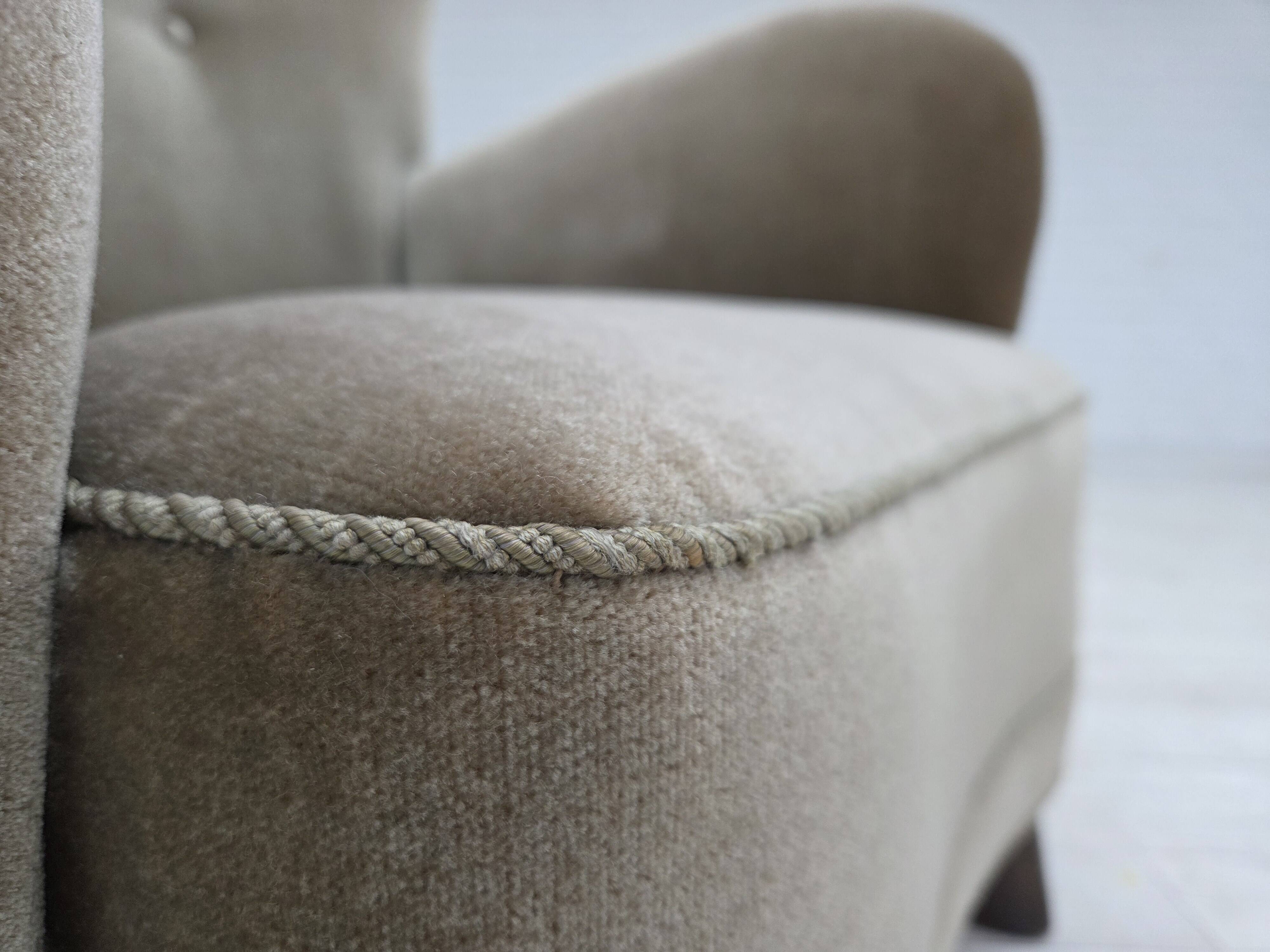 1960s, Danish armchair, green furniture velour, oak wood legs.