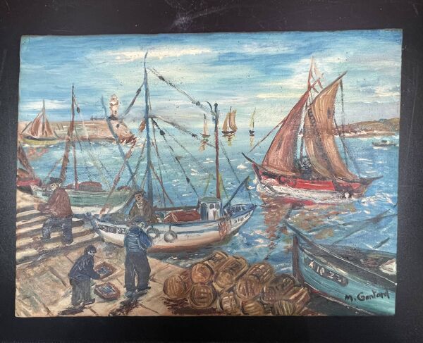ancienne marine, huile sur toile, M. Gontard ! retour de pêche 40 x 30 cm