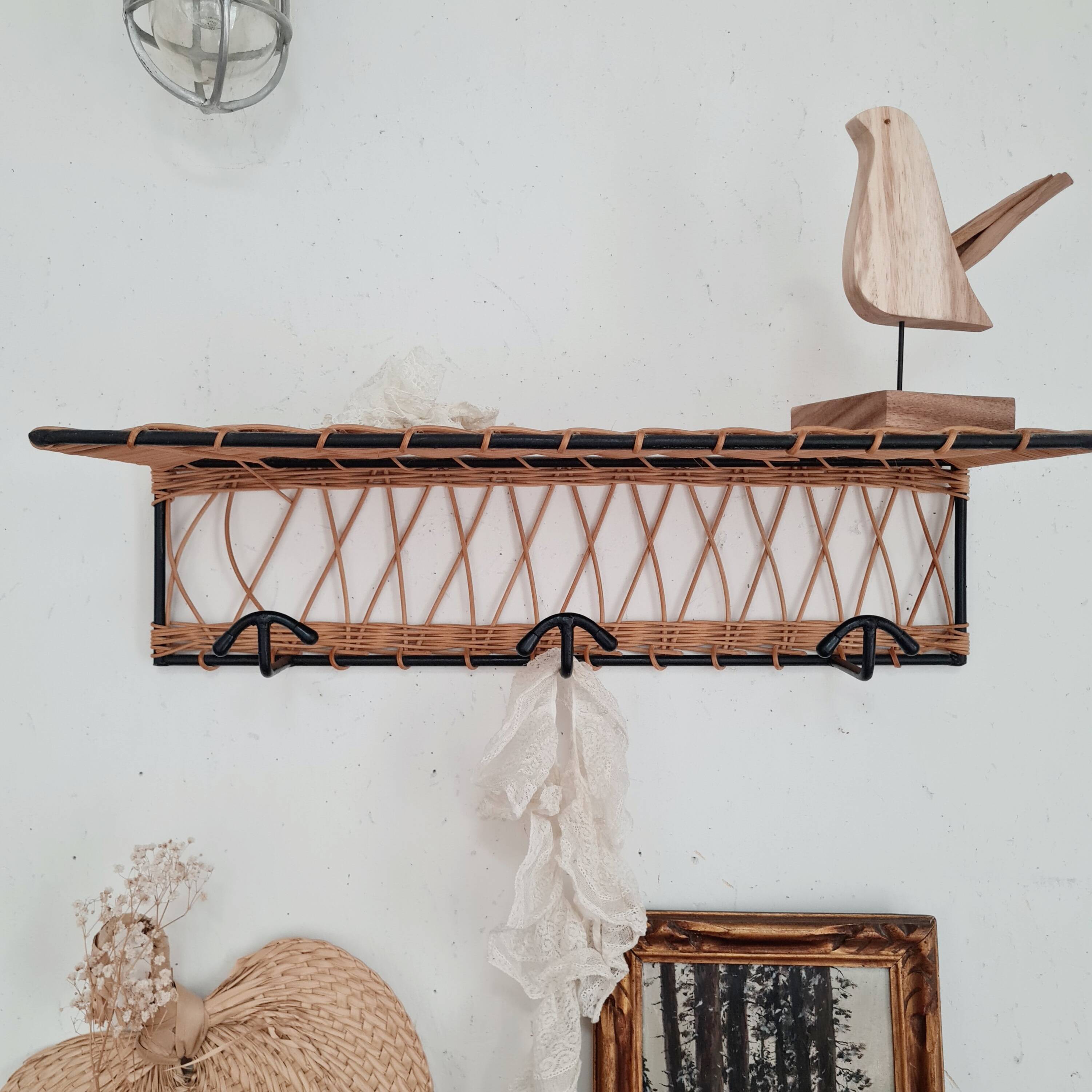 Metal and rattan coat rack