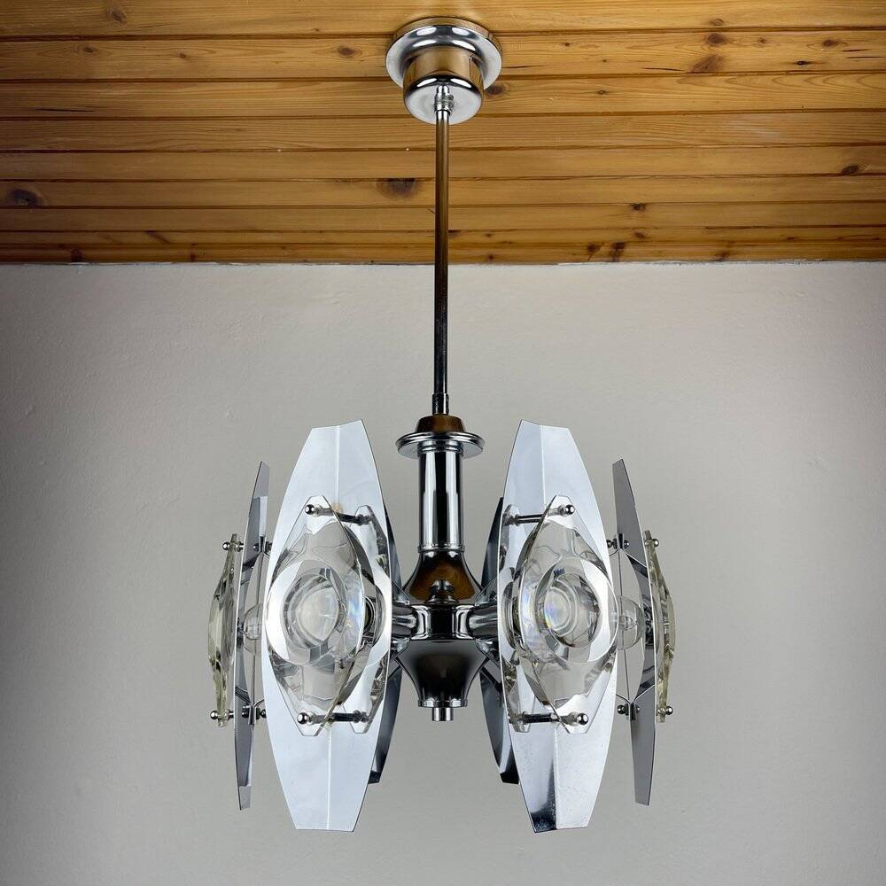 Chrome and glass lustre with lenses by Oscar Torlasco, Italy, 1960s.