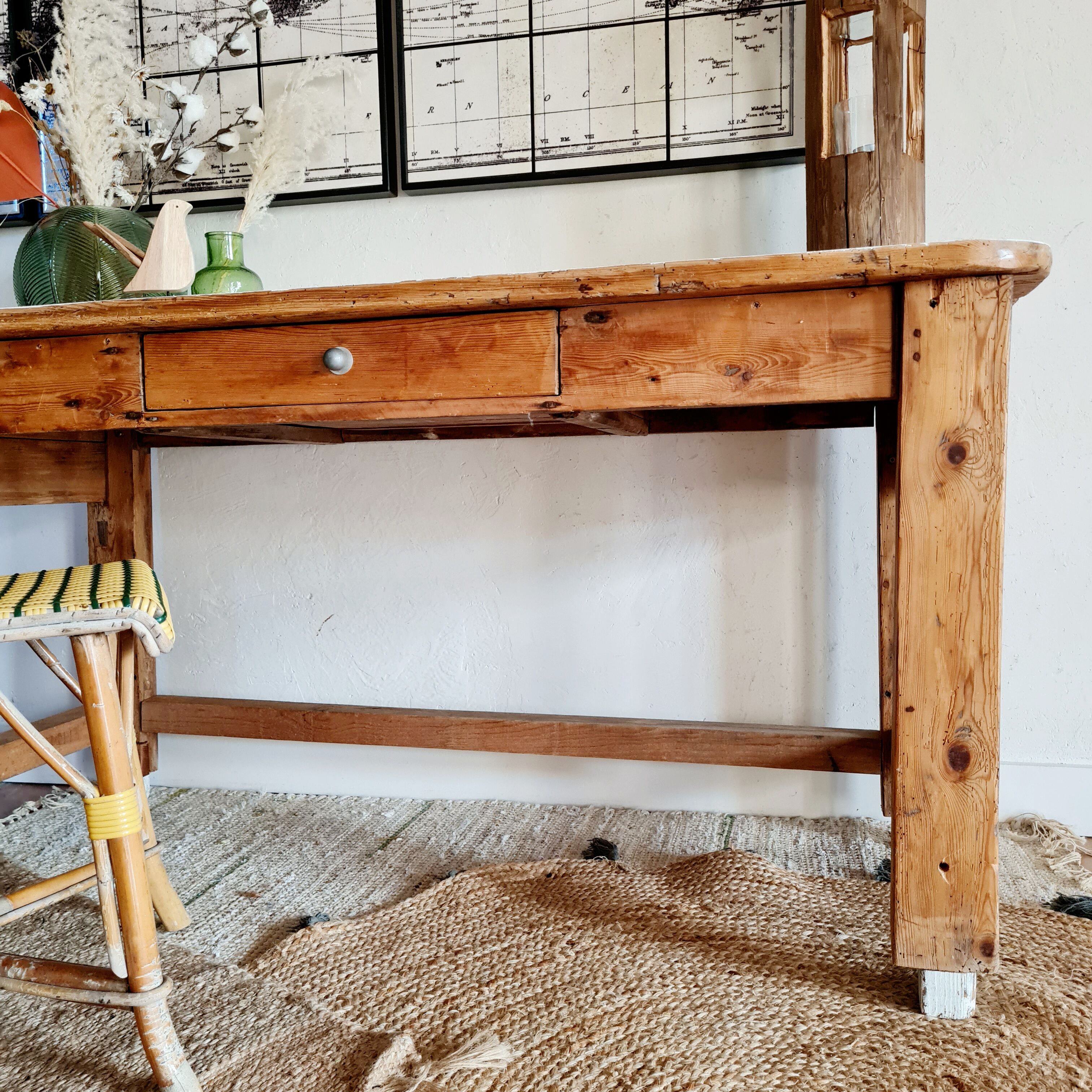Table d'atelier bureau de métier en bois 1 tiroir plateau blanc