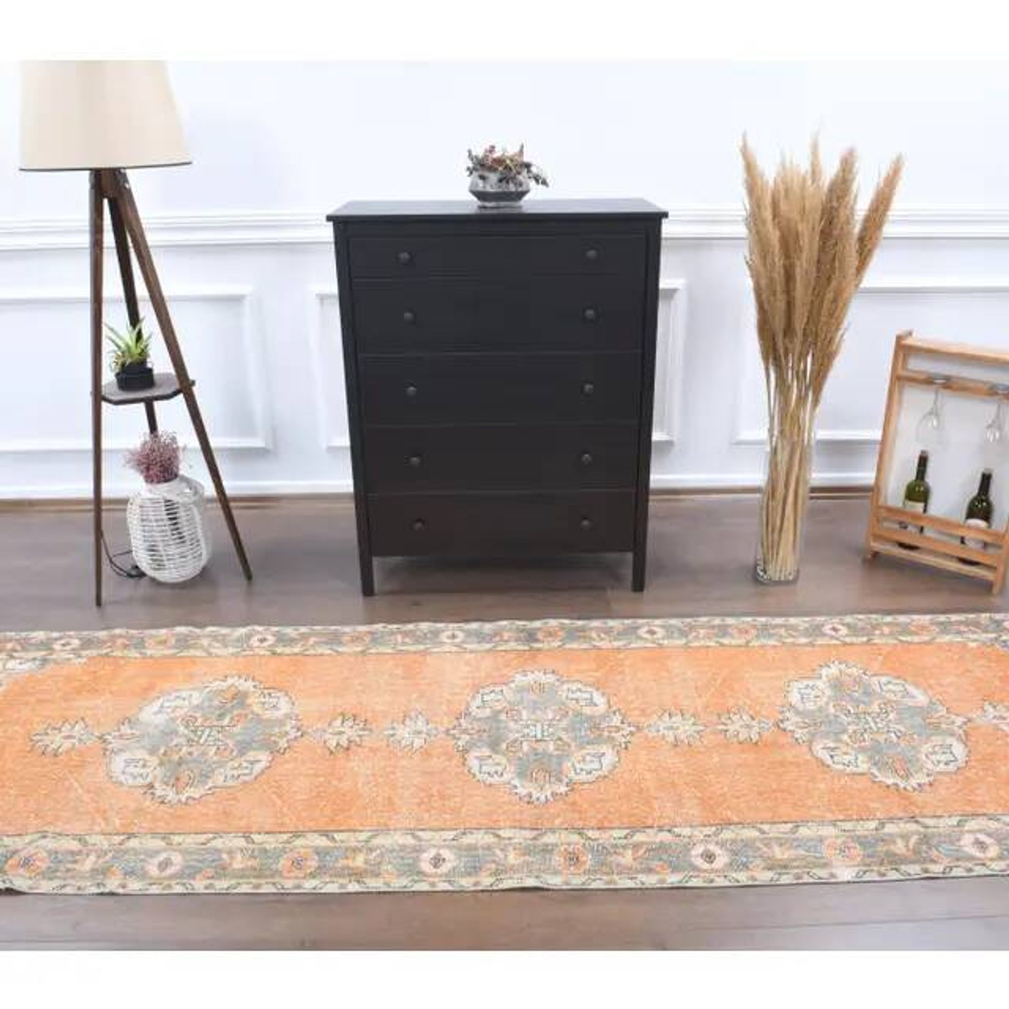 Vintage Turkish Oushak Handmade Wool Cotton Orange Runner Rug 101x339