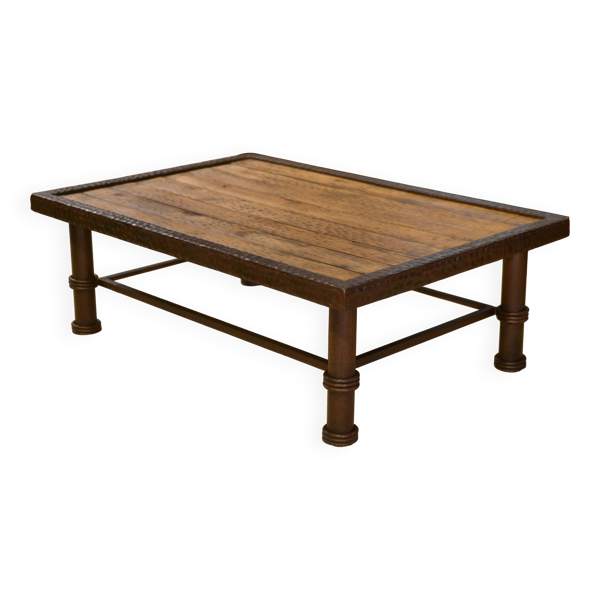 Table basse brutaliste bois et fer forgé 1960’s