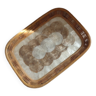 Rectangular Capiz Shell mother-of-pearl and wicker tray