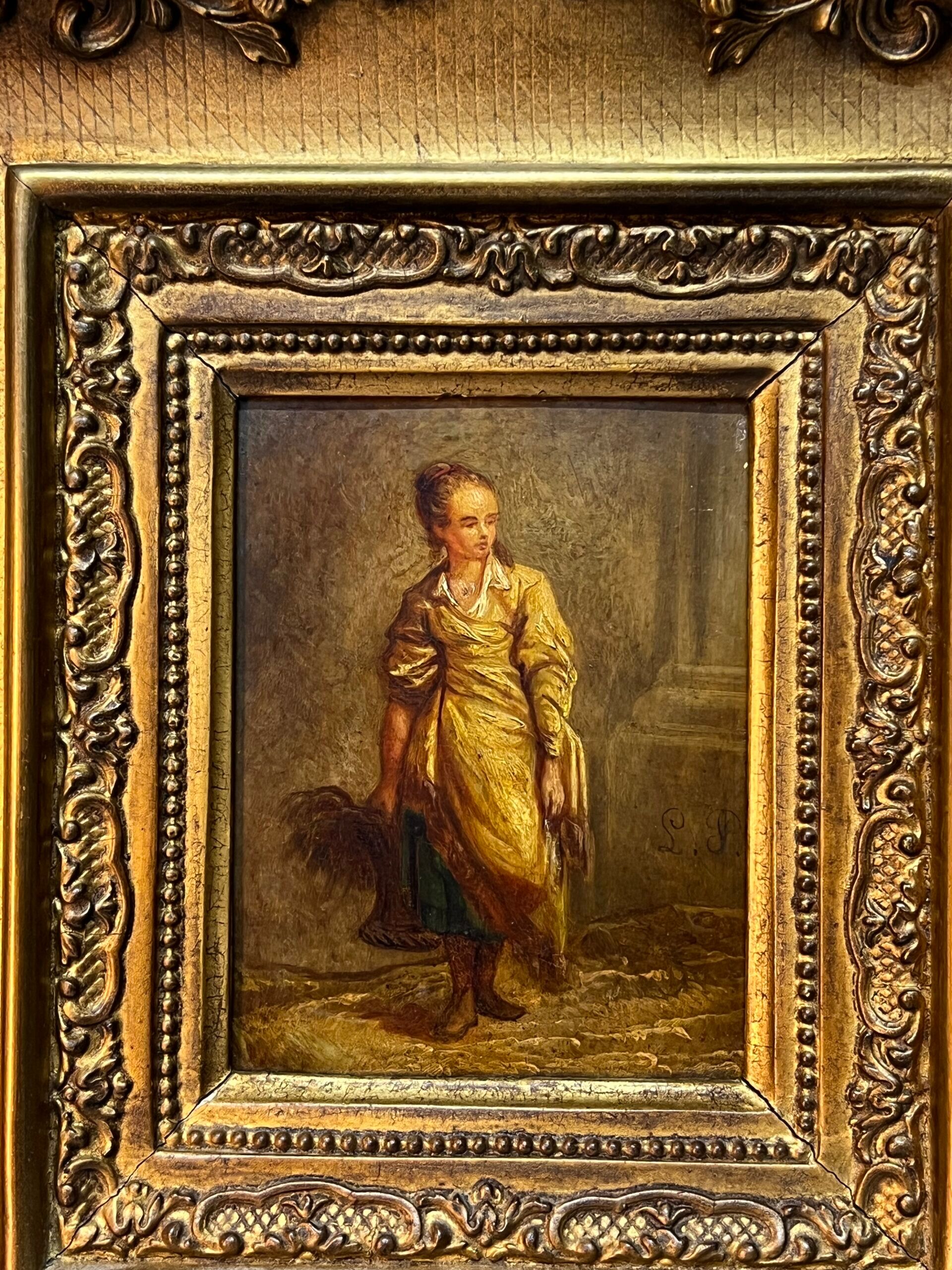 Oil on wood panel, woman with basket, signed LP, Jean Baptiste Le Prince?