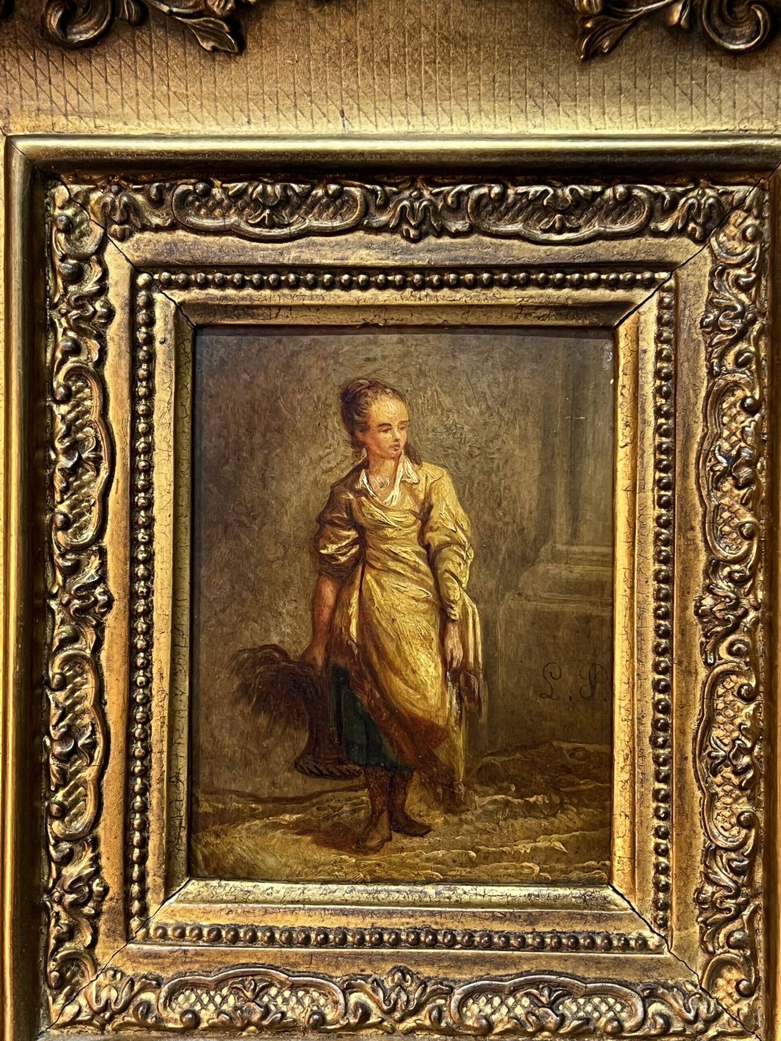 Oil on wood panel, woman with basket, signed LP, Jean Baptiste Le Prince?