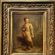 Oil on wood panel, woman with basket, signed LP, Jean Baptiste Le Prince?