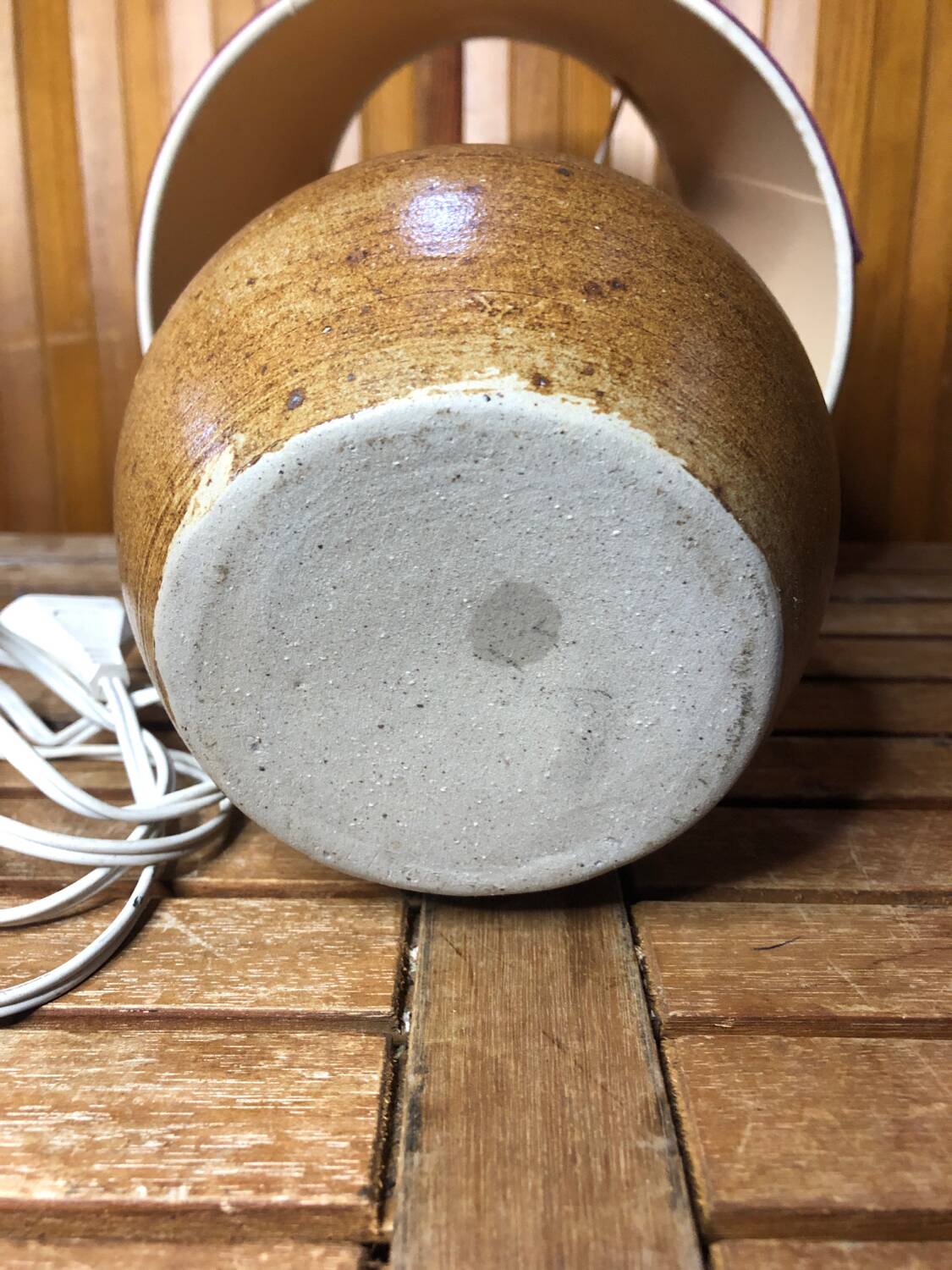 Ancienne lampe boule en grès + abat-jour blanc vintage #a549