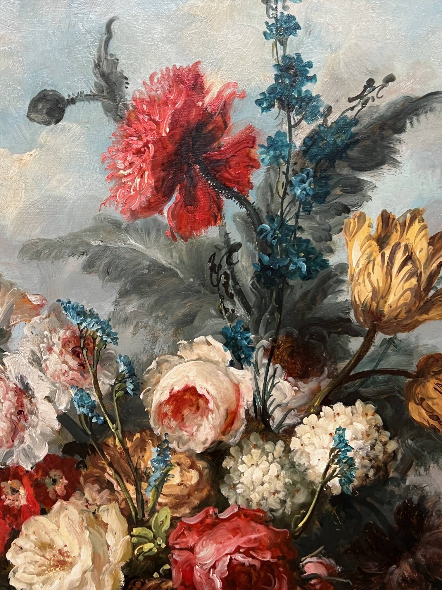 Georges Delcourt. Antique still life signed with flowers. Oil on canvas and panel.