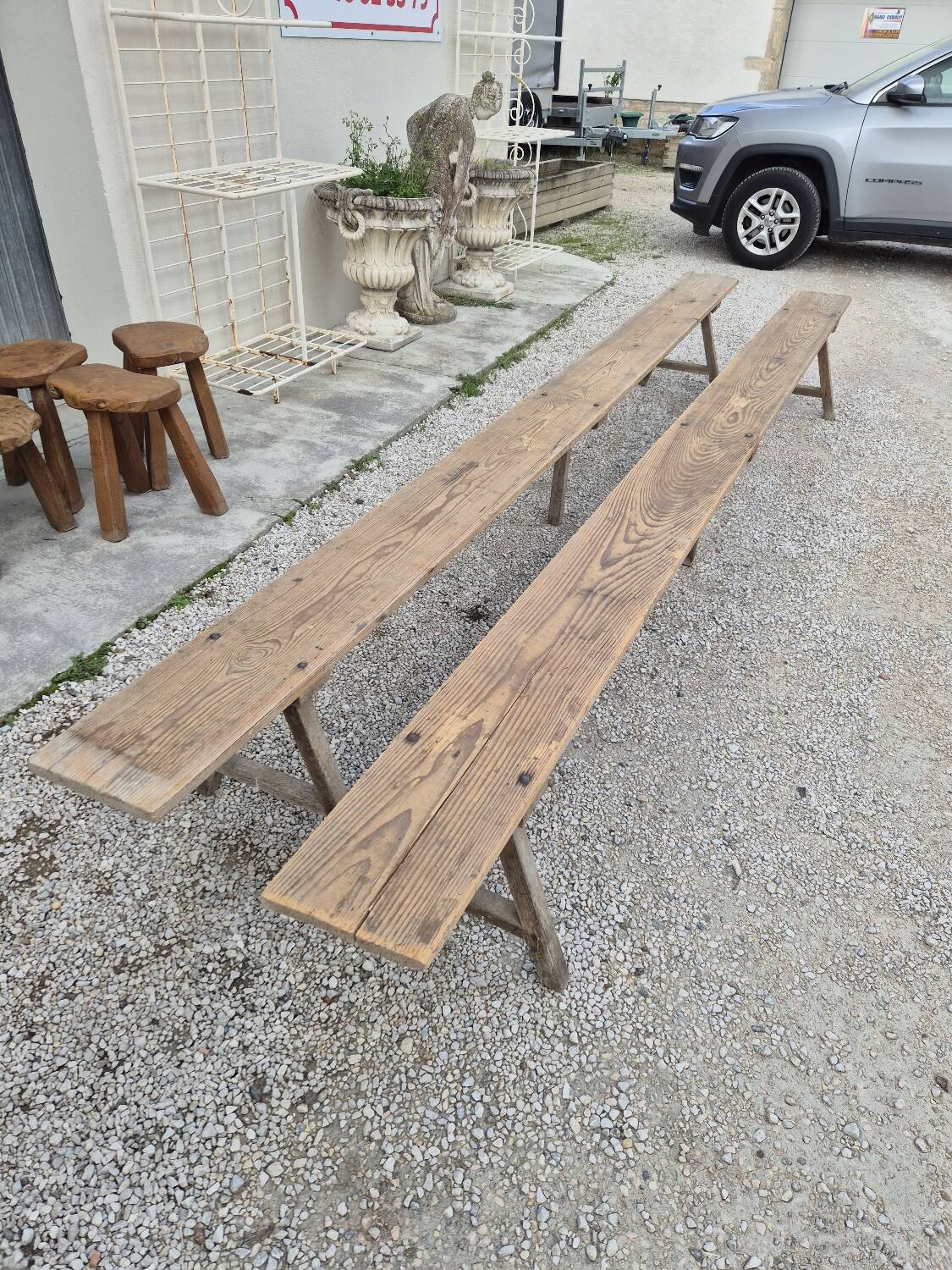 Pair of rustic oak and fir farmhouse benches 1900s - 3m85