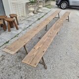 Pair of rustic oak and fir farmhouse benches 1900s - 3m85