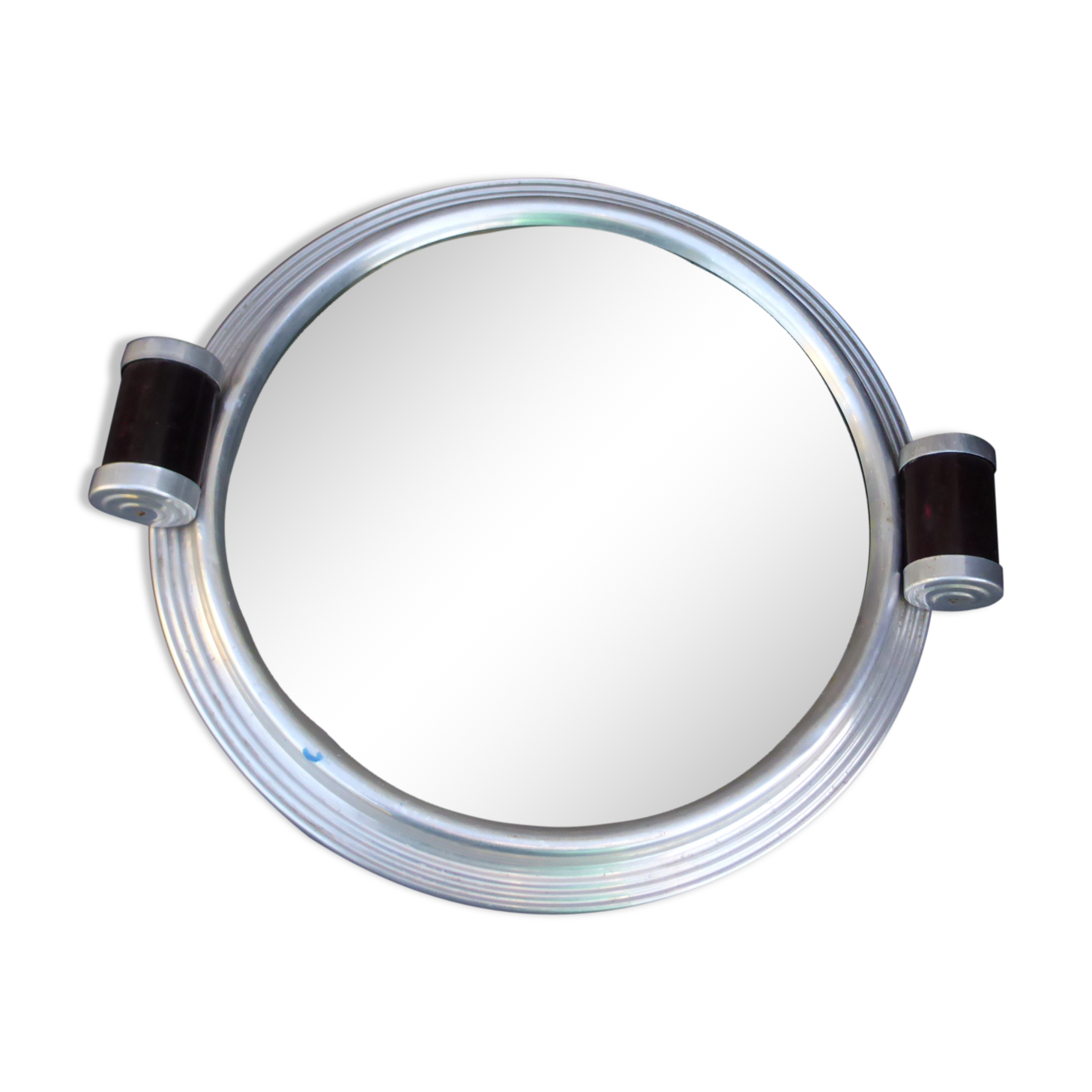 Tray, mirror round art deco, two wooden handles, surrounded by metal, back wood