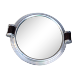 Tray, mirror round art deco, two wooden handles, surrounded by metal, back wood